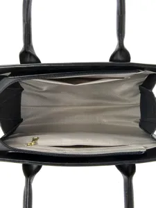 Black women handbag interior view, large capacity tote bag with lining and zipper pocket.
