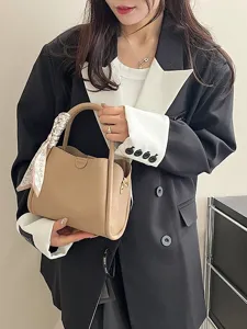 Women PU Leather Crossbody Bag Casual Solid Color Shoulder Handbag Vintage Commuter Tote With Silk Scarf Decoration