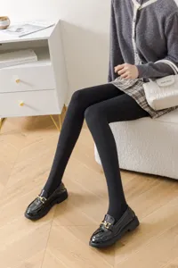 Gray cotton vertical striped fleece-lined leggings for women, warm winter thermal pantyhose.