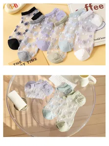 Transparent crystal silk short socks detail shot, featuring delicate embroidery for women.