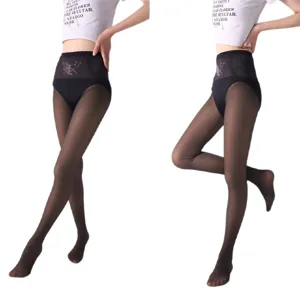 Women high waist fleece lined tights winter thermal bare leg shaping pantyhose black