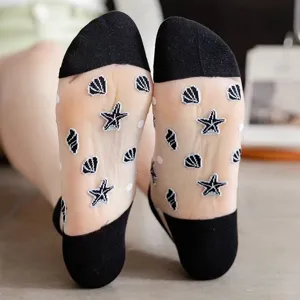 Sheer crystal silk socks summer ultra-thin short socks with cute star and shell patterns for women