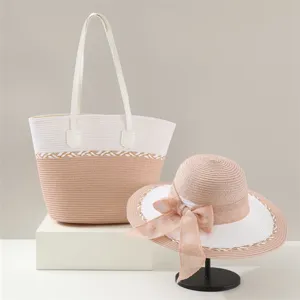 Damen Strohgewebe Tasche und Sonnenhut Zweiteiler Set, Sommer Strand Urlaub Hut und Shopper.