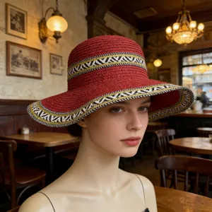 Roter gewebter Strohsonnenhut im Boheme-Stil mit ethnischem Musterband für den Sommerurlaub im Detail.