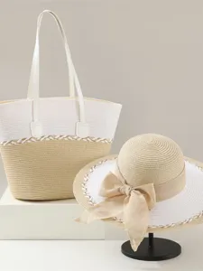 Sommer Strohtasche und Sonnenhut Set für Damen, elegante Strand Urlaub geflochtene Tasche Hut.