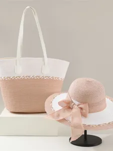 Modisches Strohhut und gewebte Tragetasche Set für Damen im Sommerurlaub mit Sonnenschutz.