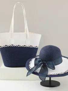 Damen Strohgewebe Handtasche und Sonnenhut Set, stilvolles Sommer Strand Urlaub Outfit.