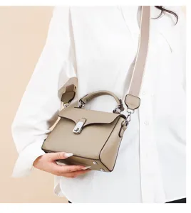 Genuine leather crossbody bag for women, casual stylish top handle shoulder bag with wide strap.