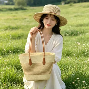Zomer Stro Geweven Hoed Tas Set Dames Gestreepte Plat Top Zonnehoed Groot Tote Strandtas Set Met PU Riem Mode Outdoor Vakantie Strohoed Handtas Set