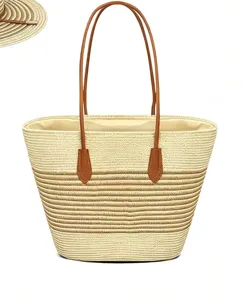 Zomer stro shopper tas en plat hoed set, stijlvolle geweven strand handtas voor vrouwen.