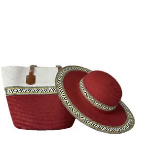 Böhmischer Strohtasche und Sonnenhut Set, perfektes Urlaubsstrand gewebtes zweiteiliges Zubehör.