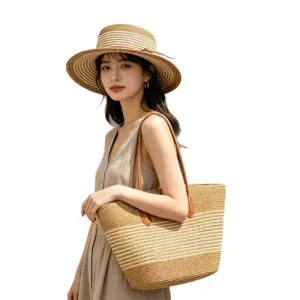 Dames zomer strohoed en shopper tas set stijlvolle geweven strand zonnehoed met lederen riem