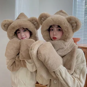 Cozy plush bear ear hat scarf and gloves three piece set, winter warm cute fuzzy hood for women.