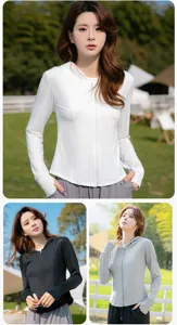 Women ice silk sun protection clothing, long sleeve zipped yoga hoodie, summer outdoor jacket.