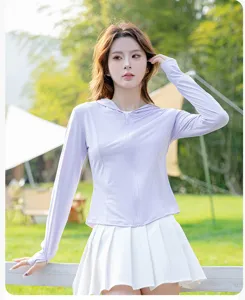 Women UV protection sun hoodie detail, lightweight ice silk fabric, long sleeves with thumb holes.