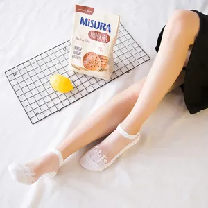 Summer women crystal silk sheer low cut boat socks with delicate lace trim, comfortable breathable