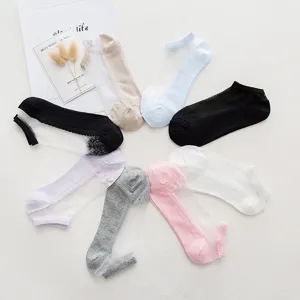 Women sheer crystal silk boat socks shallow cut lace trim solid color summer casual footwear