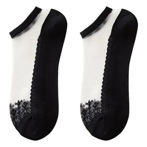 Women summer sheer lace crystal short boat socks, low cut black and white thin socks.
