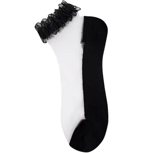 Women crystal silk short socks, breathable sheer mesh ankle socks with black frilly lace trim.