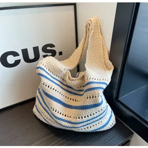 Beige blue striped knitted shoulder bag, woven handbag for women, casual summer daily purse.