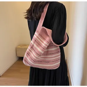 Handmade pink striped crochet shoulder bag women aesthetic casual knit tote bag daily purse