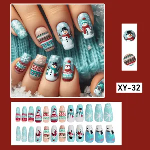 Christmas press on nails 24pcs medium coffin fake nails snowman snowflake winter nail art design
