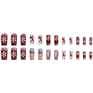 Christmas press on nails medium length red reindeer snowflake fake nail art set 24pcs