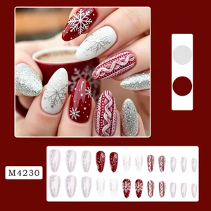 Christmas press-on nails almond shape white snowflake silver glitter knit pattern fake nails