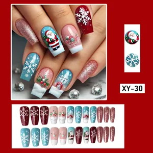 Christmas press-on false nails medium coffin shape snowflake Santa design 24pcs set