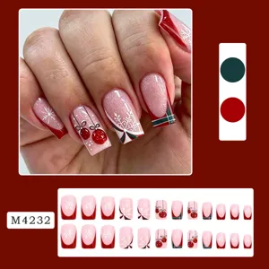 Christmas press-on false nails long square with snowflake design for winter party use