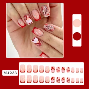 Christmas press on nails red french design cute santa and bauble fake nail tips set for women