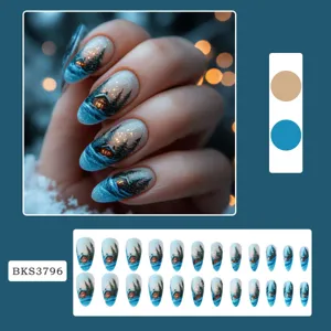 Matte almond press-on nails with forest cabin starry sky design, stylish fake nail tips.