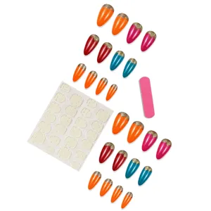 Press on nails almond shape glitter color block fake nails set with jelly glue and nail file.