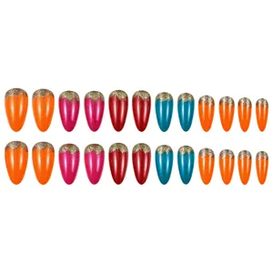 Detail view of almond press-on nails set featuring colorful gradient design and gold glitter tips.