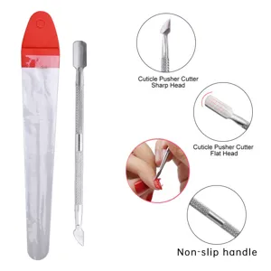 Pousse-cuticules et coupe-ongles double face en acier inoxydable avec poignee antiderapante.