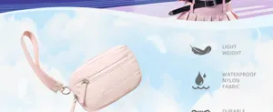 Pink quilted multi-pocket wristlet pouch detail, waterproof nylon fabric, lightweight mini bag