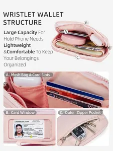Detail view of the pink wristlet wallet showing multiple card slots, mesh bag, and zipper pocket.