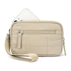 Details of beige quilted women wrist bag, multi-pocket portable mini coin purse storage.