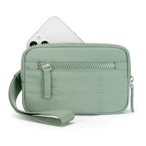 Sage green quilted nylon wrist pouch, mini multi-pocket coin purse for outdoor portable use.