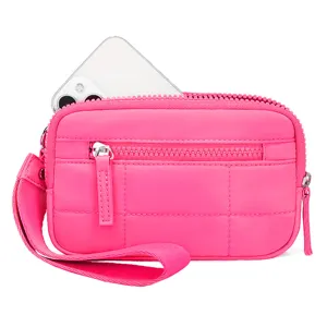 Pink quilted mini wristlet pouch with multiple zipper pockets, portable for daily travel.