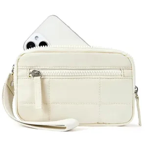 Detail view of mini quilted wrist bag with phone pocket, front zip and portable design.