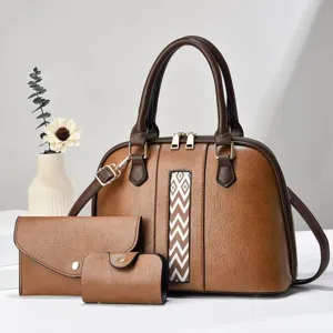 Set di borsa a mano marrone rétro da donna con dettaglio geometrico, spazioso per uso quotidiano.