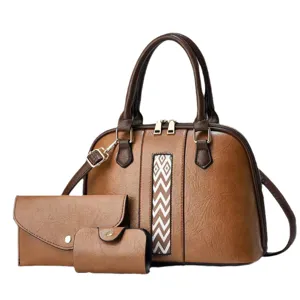 Set borsa a mano da donna vintage marrone con motivo geometrico, borsa a tracolla chic.