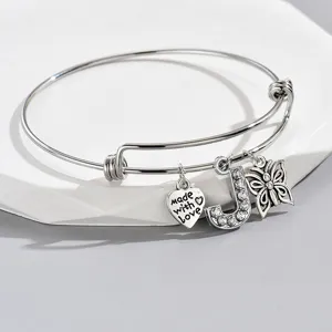 Adjustable silver wire bangle with letter J rhinestone charm heart and butterfly pendant