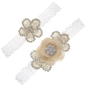 Bridal lace garter set with rhinestone and pearl flower applique for wedding party main view