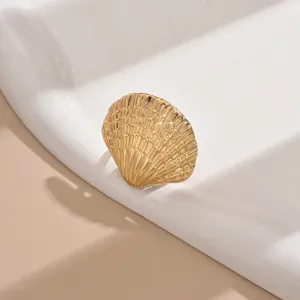 Gros plan détail bague coquillage dorée, montrant une texture métallique style vacances.