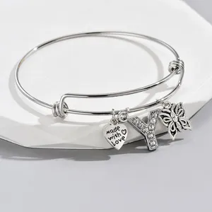 Adjustable silver letter Y butterfly heart charm bracelet with sparkling rhinestones for women