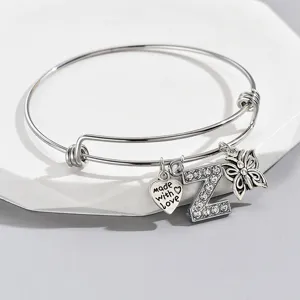Exquisite rhinestone letter Z, butterfly and love heart charms adjustable silver bracelet detail.