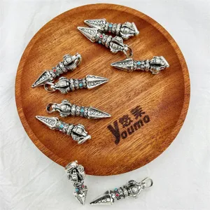 Antique silver alloy vajra pestle pendant DIY retro Buddhist necklace charm detail view