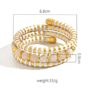 Bracelet enroulé multicouche d'été avec bandes or blanc et perles en pierre naturelle